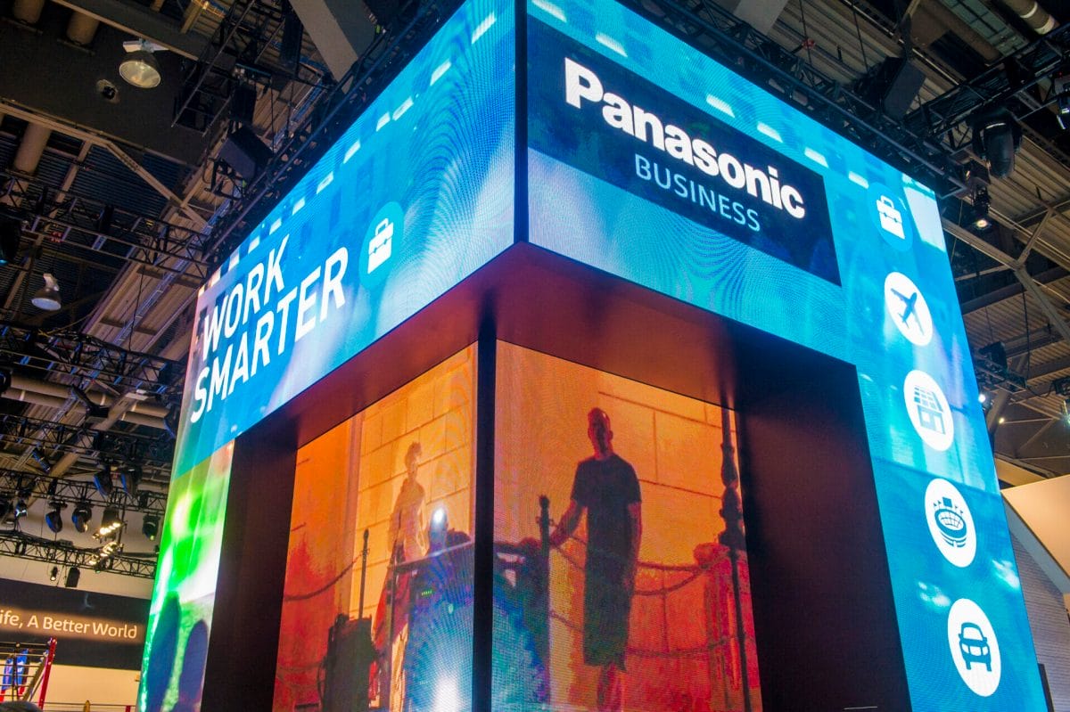 a large led display screen at a trade show in Las Vegas, NV